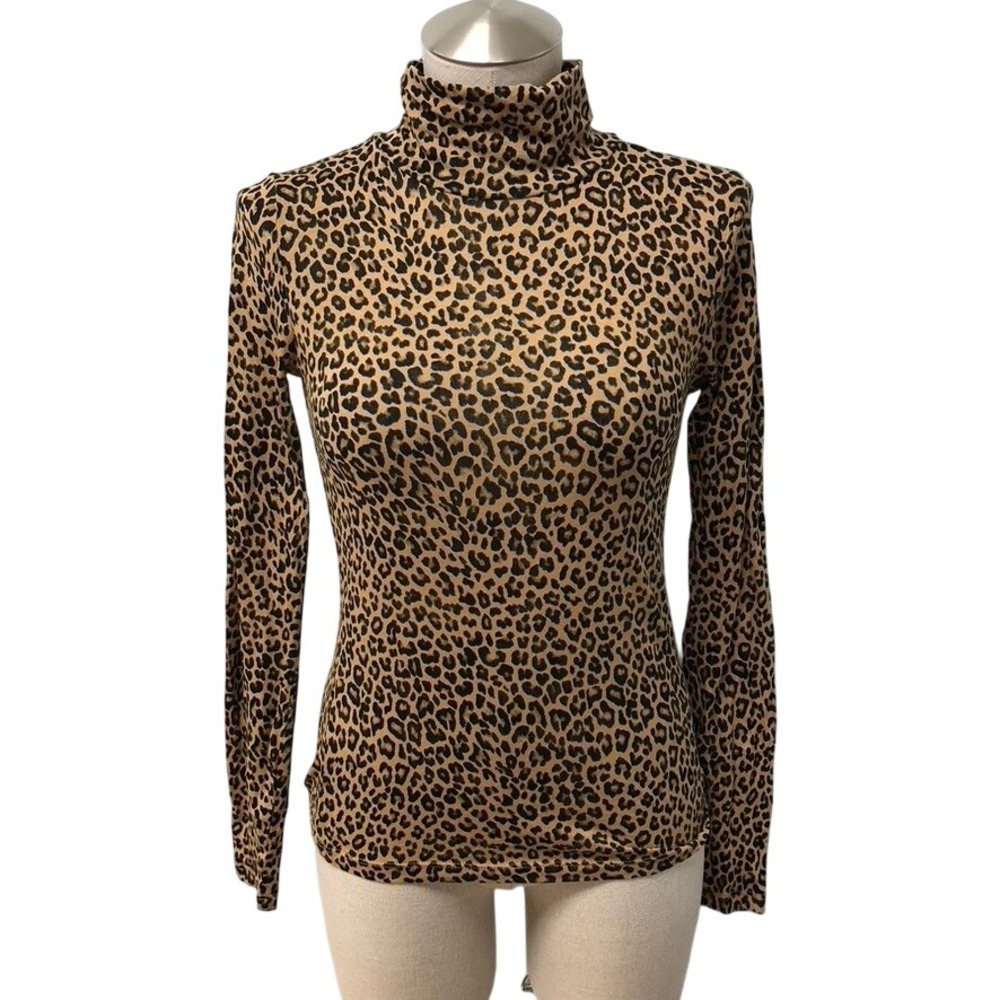 J.Crew Turtleneck Top Women XS Adult Brown Leopard Print Tissue Crepe CD454
